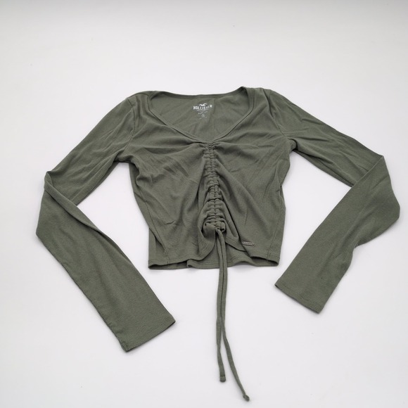 Hollister Tops - Hollister Ruched Front Crop Top Size S Olive Green Long Sleeve Drawstring Ribbed